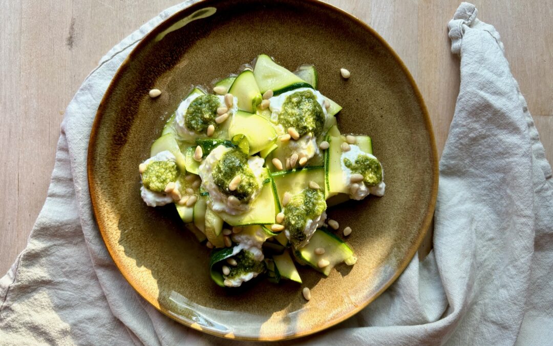 Marinated Courgettes with Stracciatella & Pesto