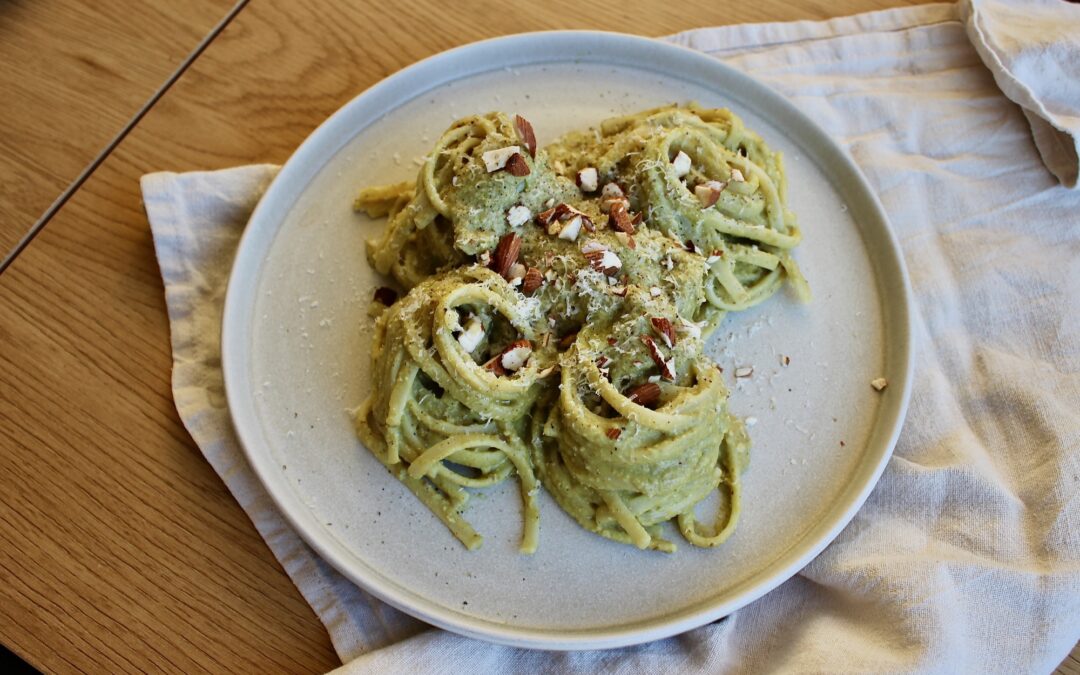 Green pea and miso pesto pasta